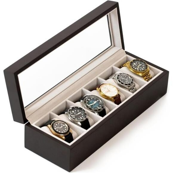 Wood Watch Box Organizer Glass Top Display Case for Men Women 6 Slot Storage